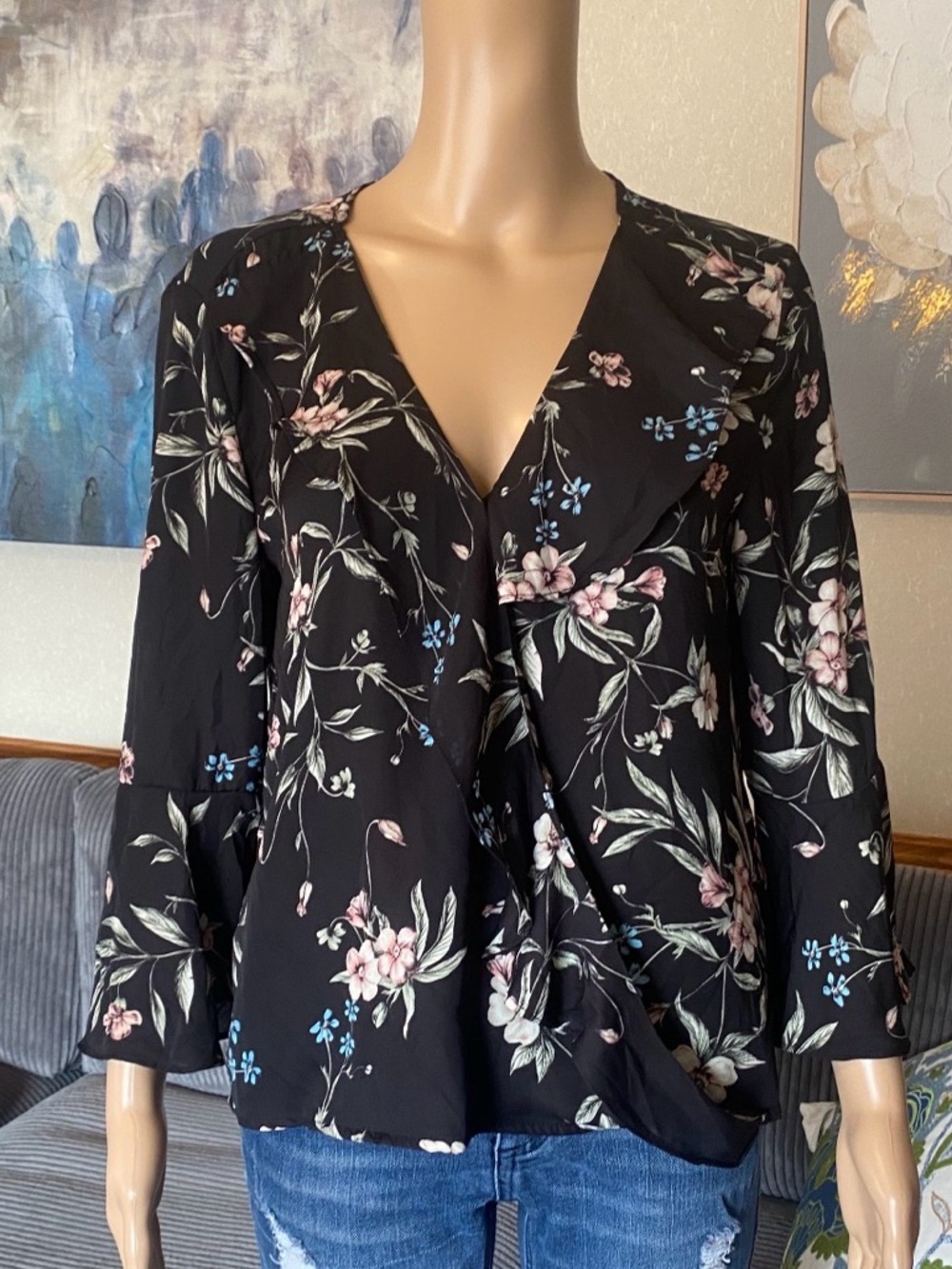 Papillon Blanc Black Floral Blouse with Pink & Blue Flowers